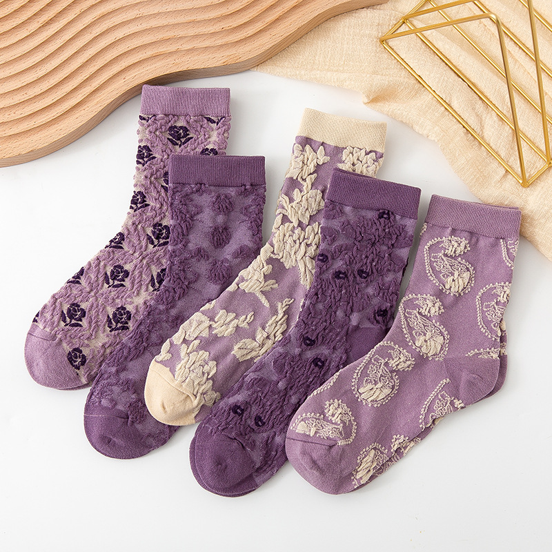 Cotton Socks for Women Autum New Purple Retro Small Flower Trendy Socks Personalized Ins Women's Socks Korean Style Combed Cotton Student Socks