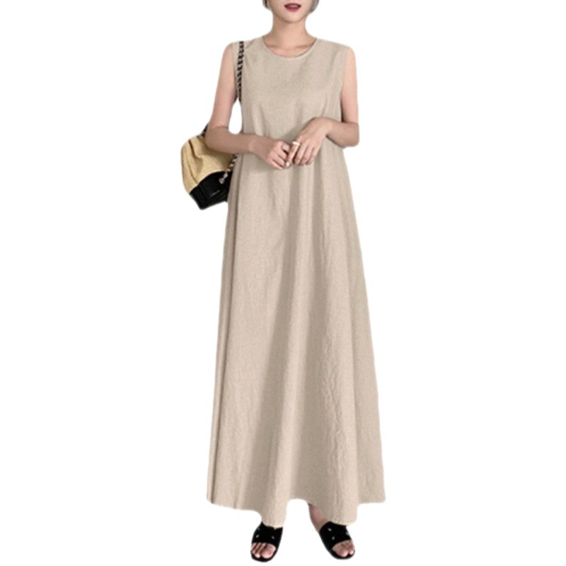 Summer Cotton Long Dress Sling Cotton Linen Loose Pocket Round Neck Elegant Sleeveless Large Swing Dress for Women