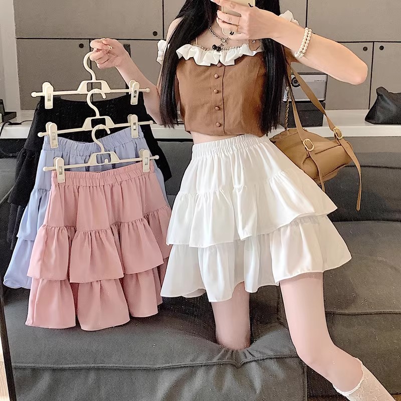 Cake Skirt Spring and Autum Brown Puffy Skirt High Waist Slimming Look A-Line Petite Anti-Exposure Pleated Skirt for Women