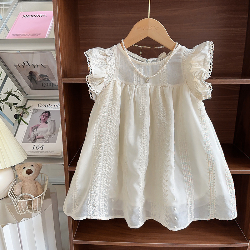 Picture of Small Flying Sleeve Shirt Girls 2025 Summer New French Retro Palace Style Lace Baby Doll Dress