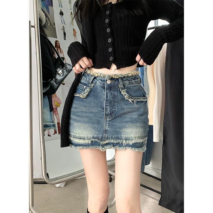Hot Girl American retro Denim skirt women's summer high waist frayed hip skirt A- Line skirt Culottes Skirt