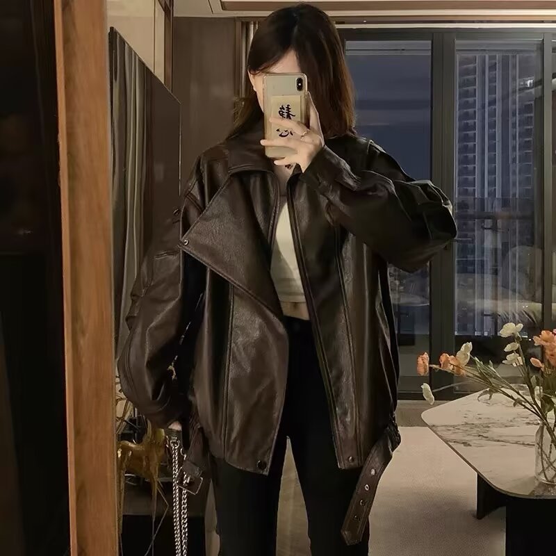 American Retro Pull Sister Brown Leather Jacket Biker Jacket Women's Autumn New Loose All-match High-end Top