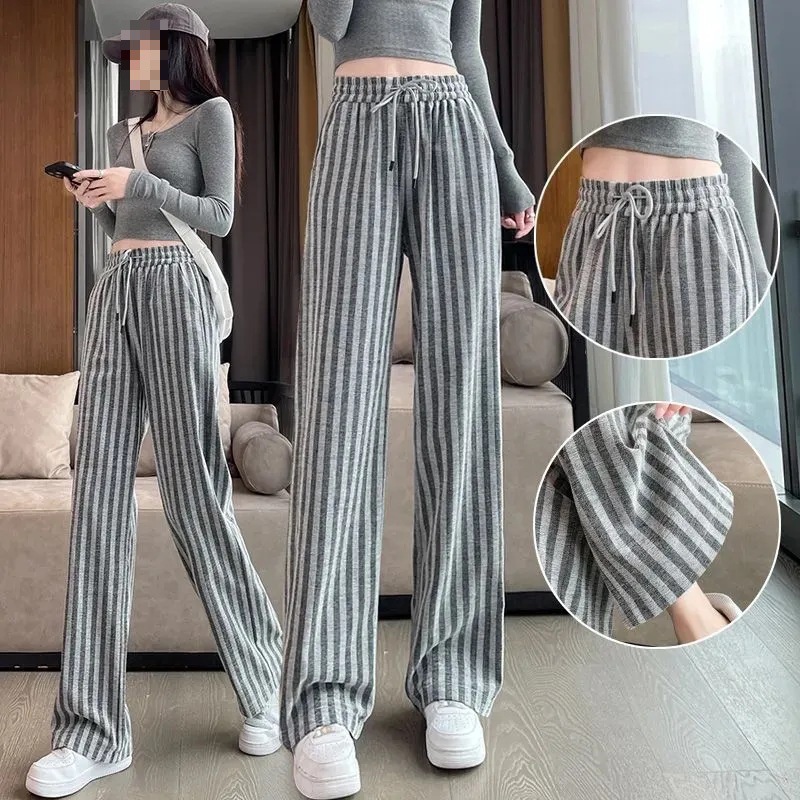 Plus size chubby girl ice silk striped wide-leg pants for women Summer new high waist loose draping straight casual trousers