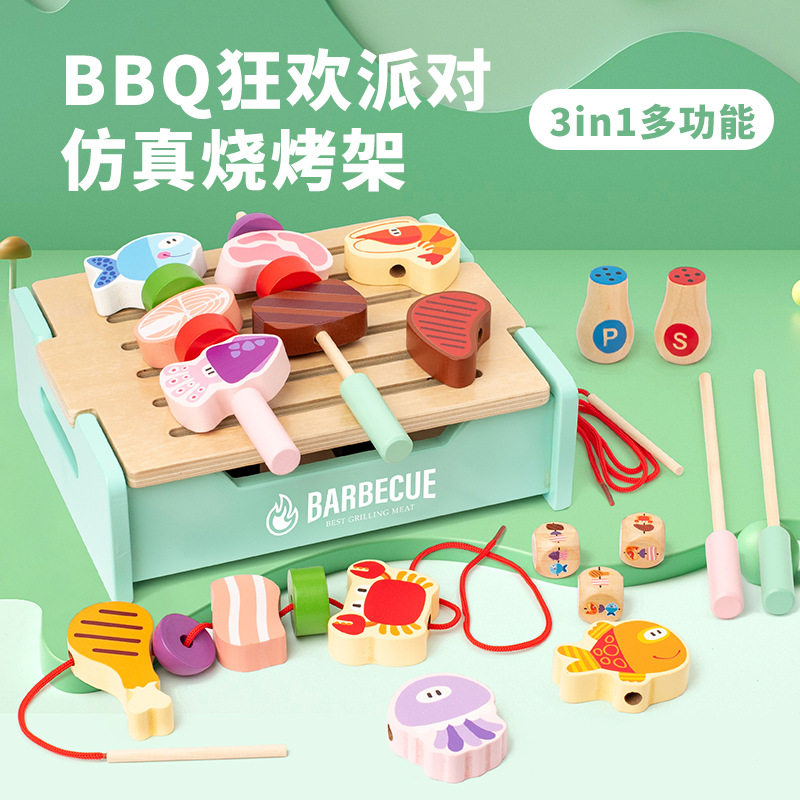 Cross-border BBQ party simulation wooden barbecue grill meet children's natural imitation early education play house educational toys