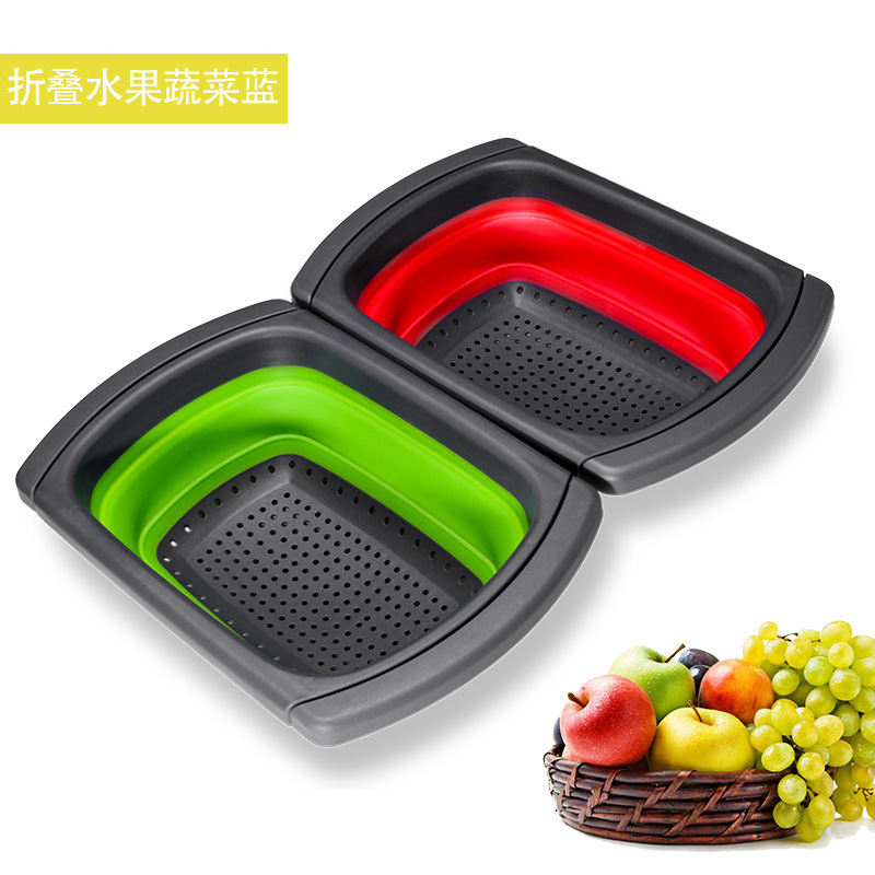 Square Foldableing Drain Basket with Retractable Handle Plastic Fruit Basket Drain Basket Kitchen Sink Vegetable Basket