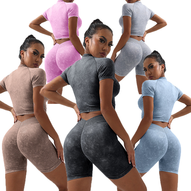 New TIKTOK Washed Seamless V Waist High Elastic Sports Yoga Fitness Tight Trousers Shorts Short Sleeve suit