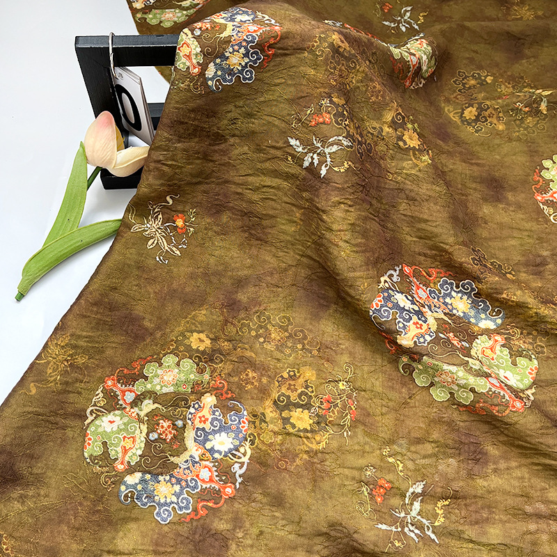 Retro Round Flower Tencel Jacquard Fabric New Chinoiserie Han Dynasty Cheongsam Dress Fabric Handmade DIY Fabric