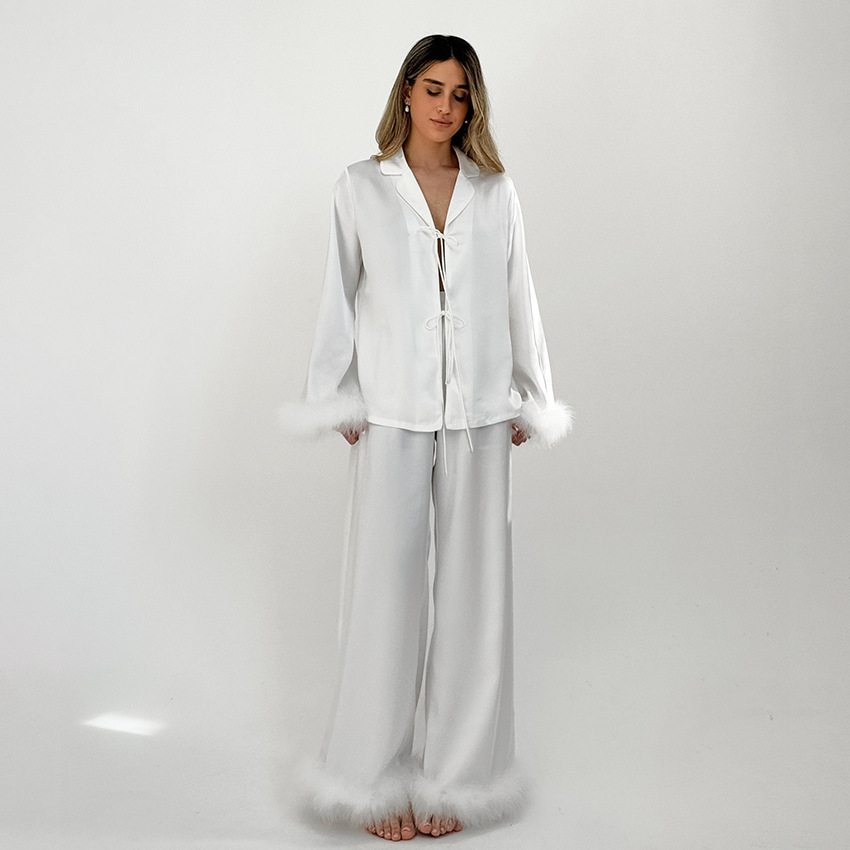 European and American 2025 Summer White Ice Silk Cardigan Strap Long Sleeve Pants Pajamas suit Stitching Feather Women's Home Clothes