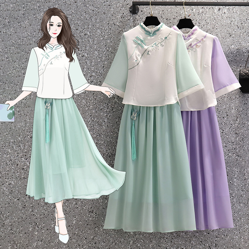Picture of Cheongsam Top Embroidered Violet Dress Two-Piece Chinese Ethnic Costume Hanfu Improved Retro Zen Tea Suit for Summer