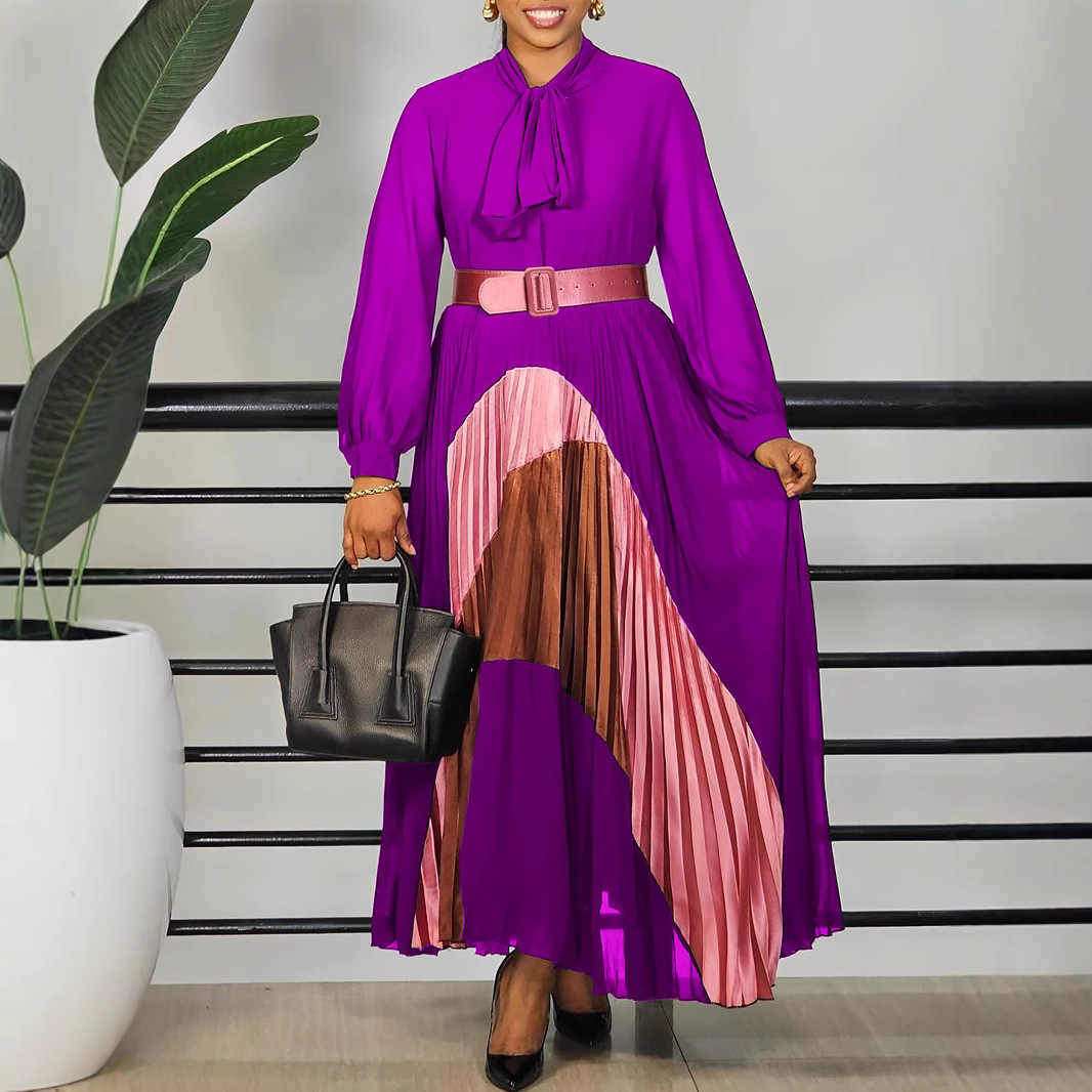 African Trendy Women's Belt Skirt African Fashionable Women's Color-Blocked Pleated Belt Skirt