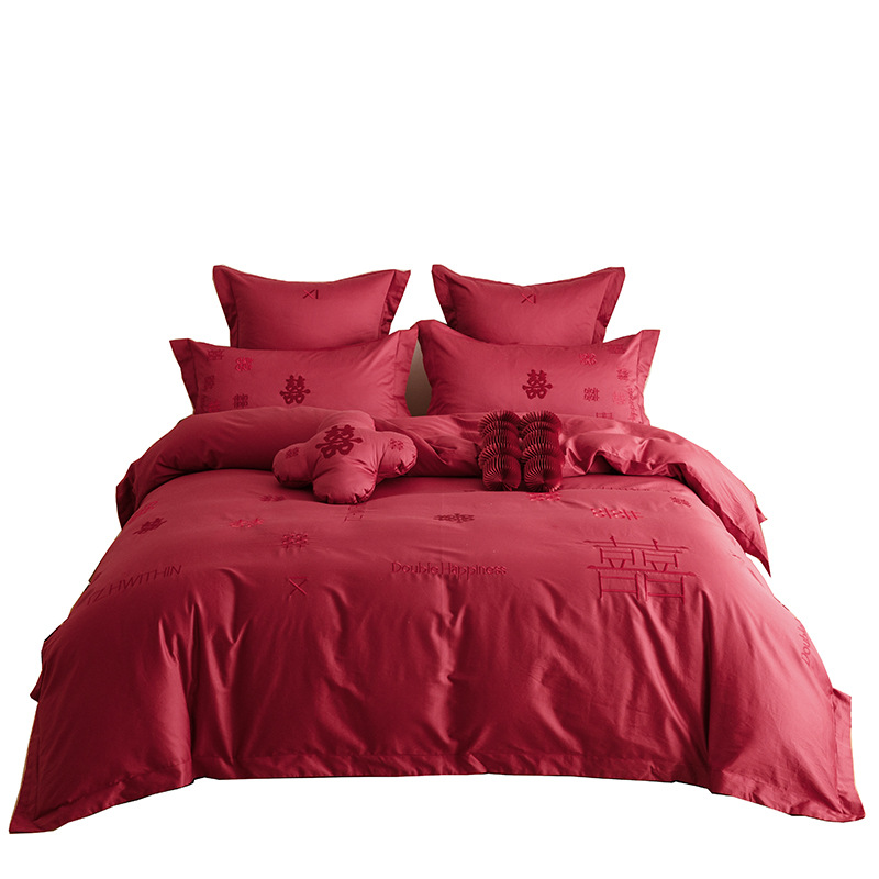 Picture of Baixi new Chinese wedding long-staple cotton satin wedding four-piece cotton cotton embroidered red bedding