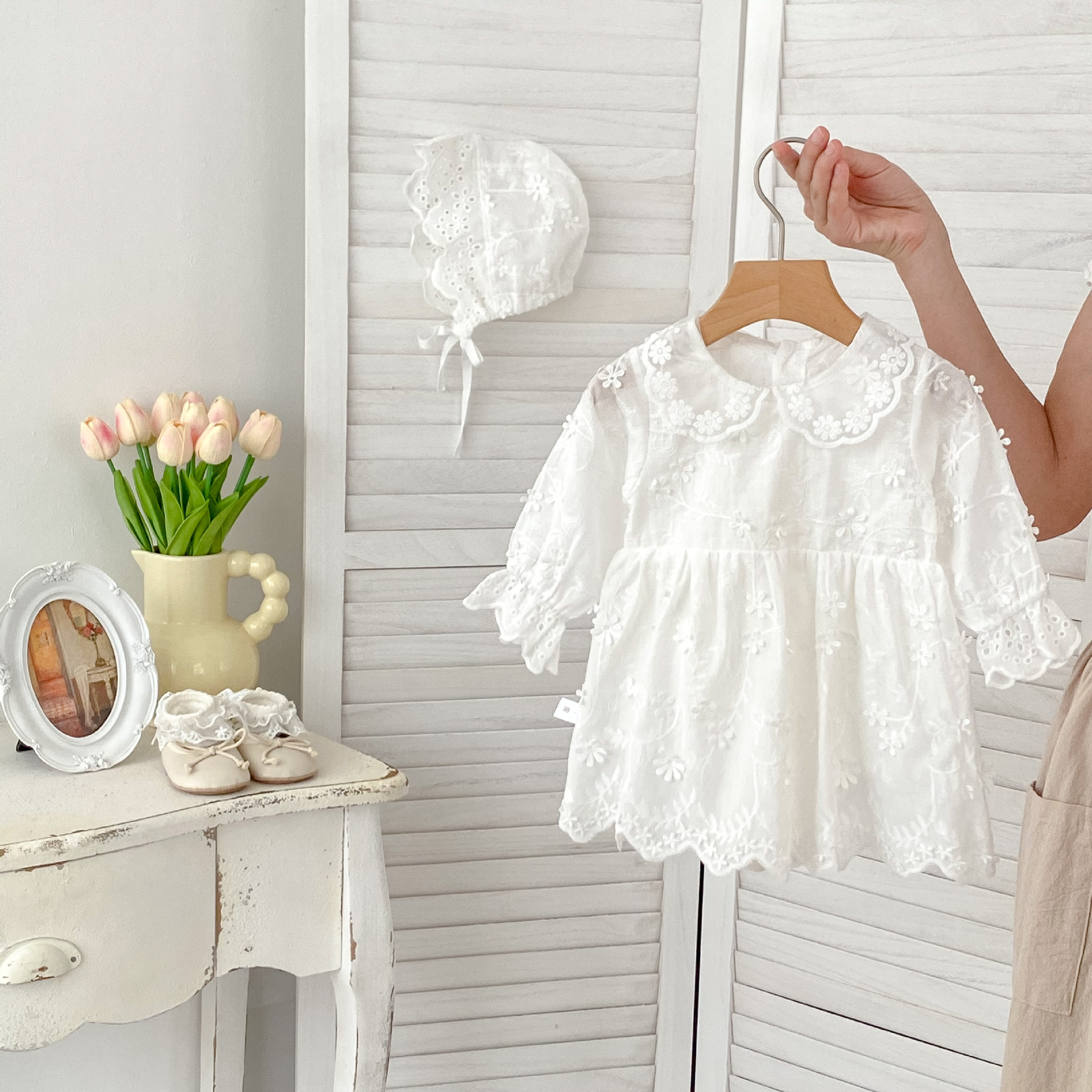 Fashionable Baby Harem Long-Sleeved Jumpsuit Pure Color Jacquard Bag Fart Clothing Embroidered Collar Baby Girl 100-Day Banquet Princess Dress