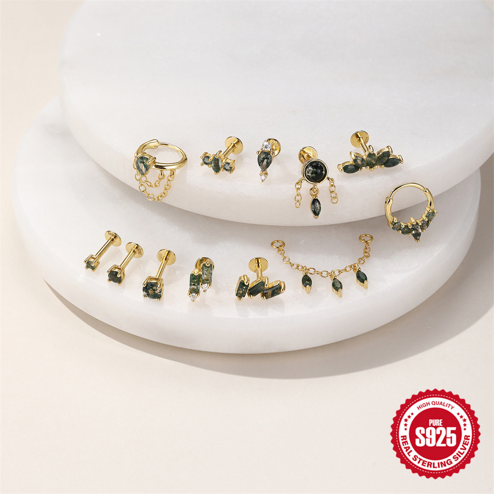 Picture of New S925 Sterling Silver Geometric Splicing Natural Moss Water Grass Water Drop Agate Flat Head Threaded Piercing Earrings