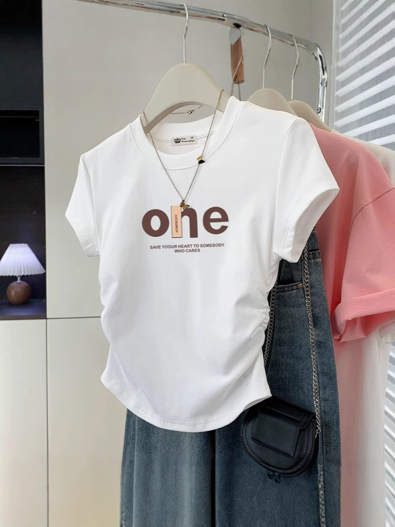 European White Cotton Right Shoulder Slim Design Curved Short-Sleeved Top 2025 Summer New Slim T-Shirt for Women
