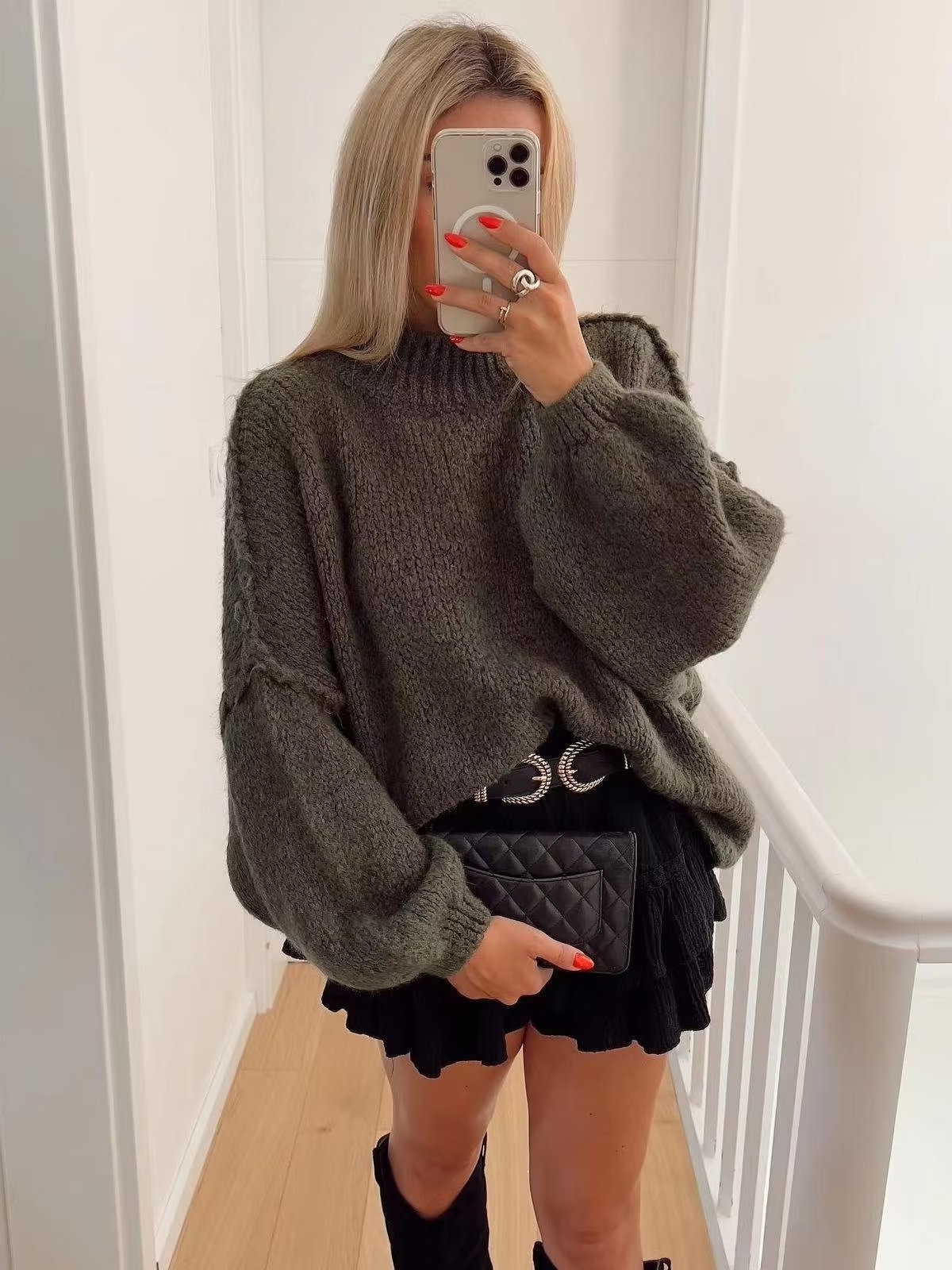Свитер вязаный Loose Half High Collar Commuter Style Knitted Pullover Sweater for Women