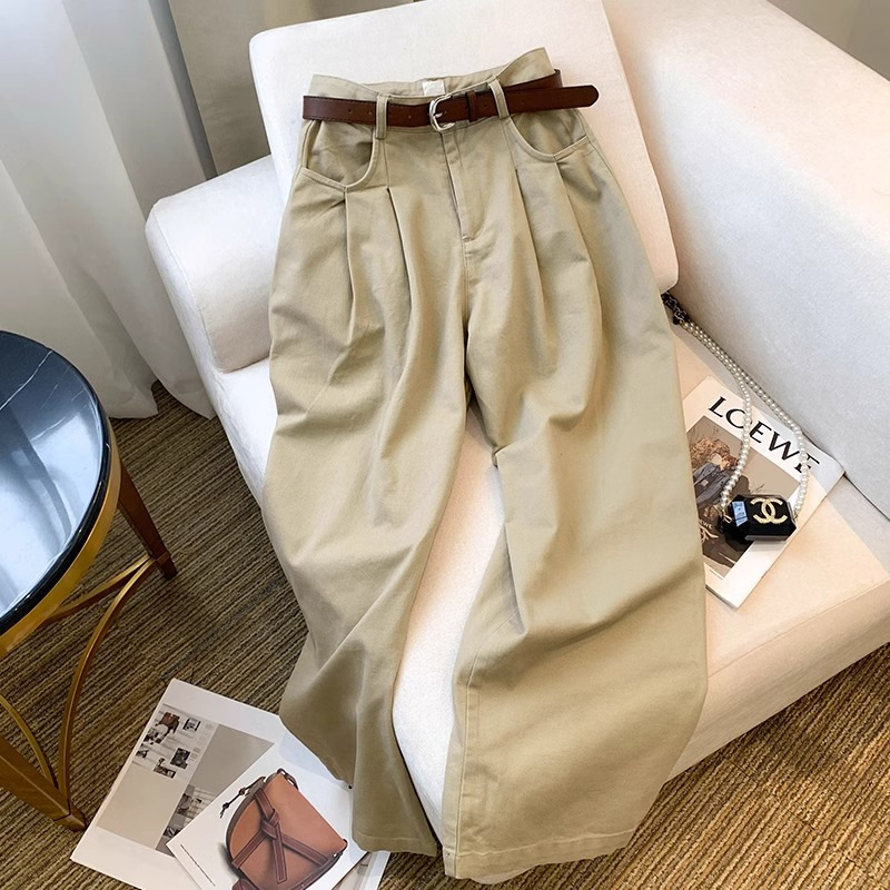Khaki Simple High-Waisted Wide-Leg Jeans for Women 2024 Summer New Versatile Loose Slimming Look Casual Pants