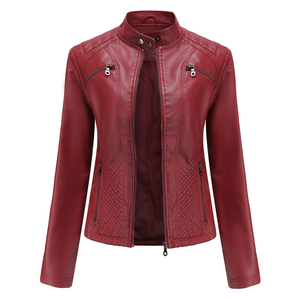 Picture of 2023 New Women's Casual Leather Jacket Stand Collar Jacket European and American Slim Jacket Women's Spring and Autumn Solid Color Women's Leather Jacket