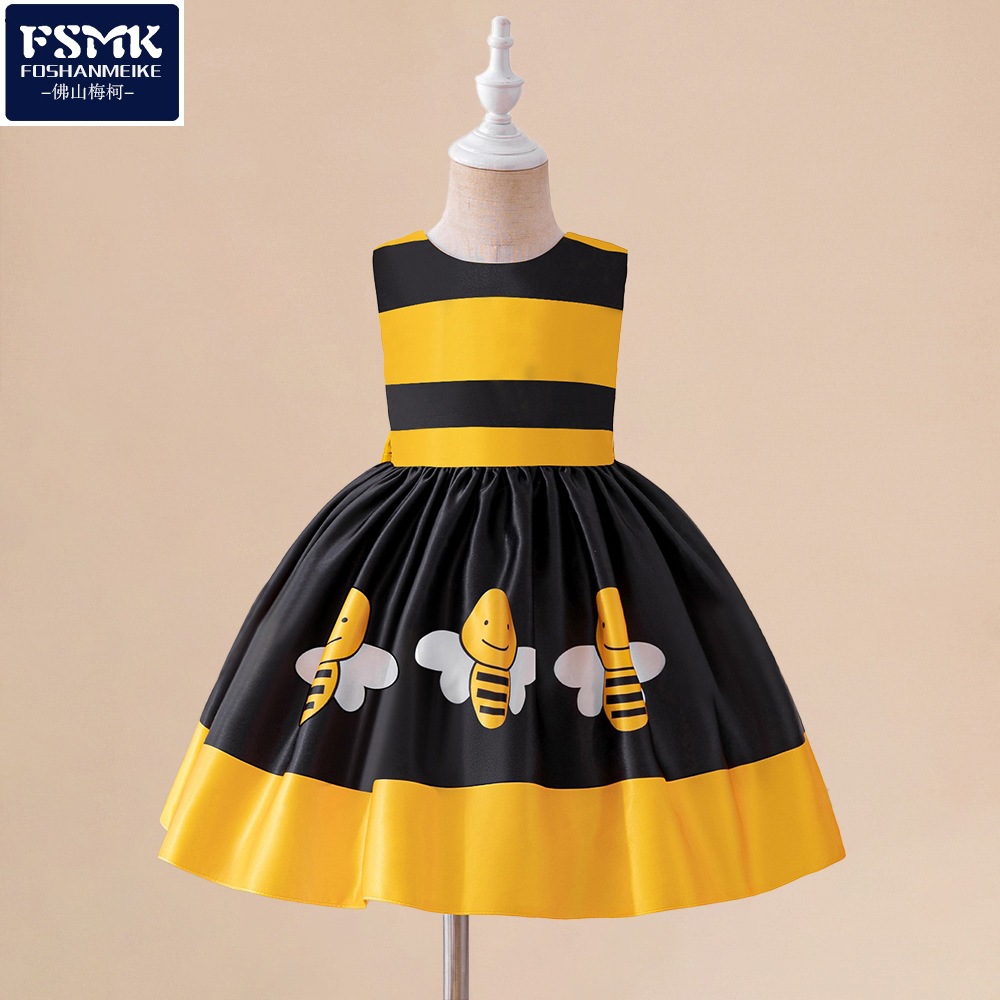 2024 European and American New Children's Evening Dress Wrought Cloth Black and Yellow Color-block Children's Dress Princess Dress Baby One-year-old Dress