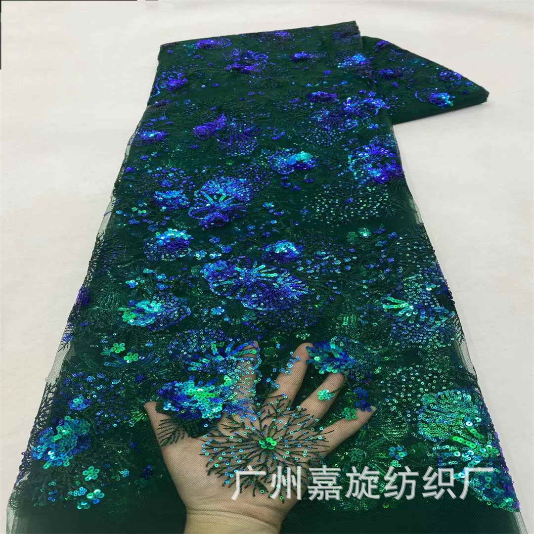 Phantom Green Sequins Plant Floral French Embroidery Mesh Lace Fabric African Embroidered Wedding Dress dress