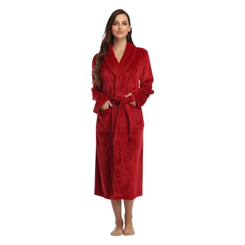 Cross-border Lapel Solid Color Nightgown Bathrobe Autumn and Winter Thickened Pajamas Long plus size Flannel Printed Couple's Home Clothes
