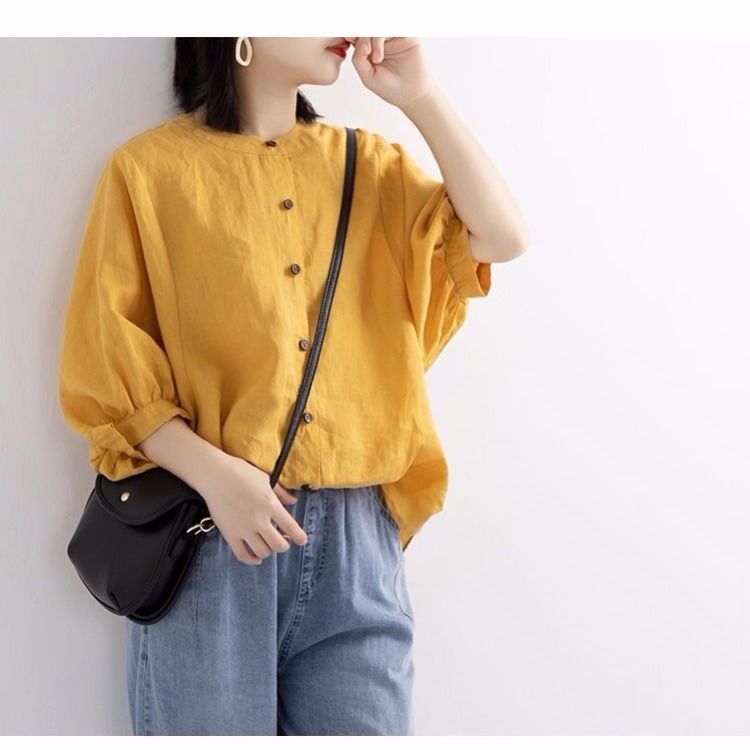 Picture of 2024 Early Spring New Women's Shirts Women's Design Niche Summer Retro Literary Lantern Sleeve Cotton and Linen Tops Trendy