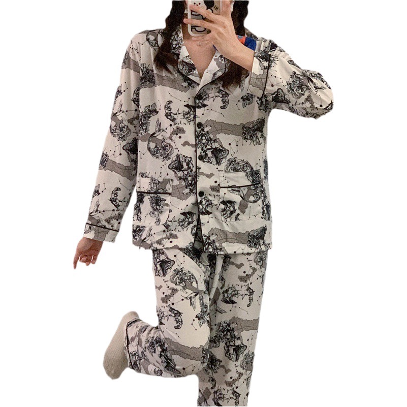 [Champs Elysees] Ice Silk Pajamas Women's Spring and Summer New Long-sleeved Home suit Light Luxury High-end Wearing Home
