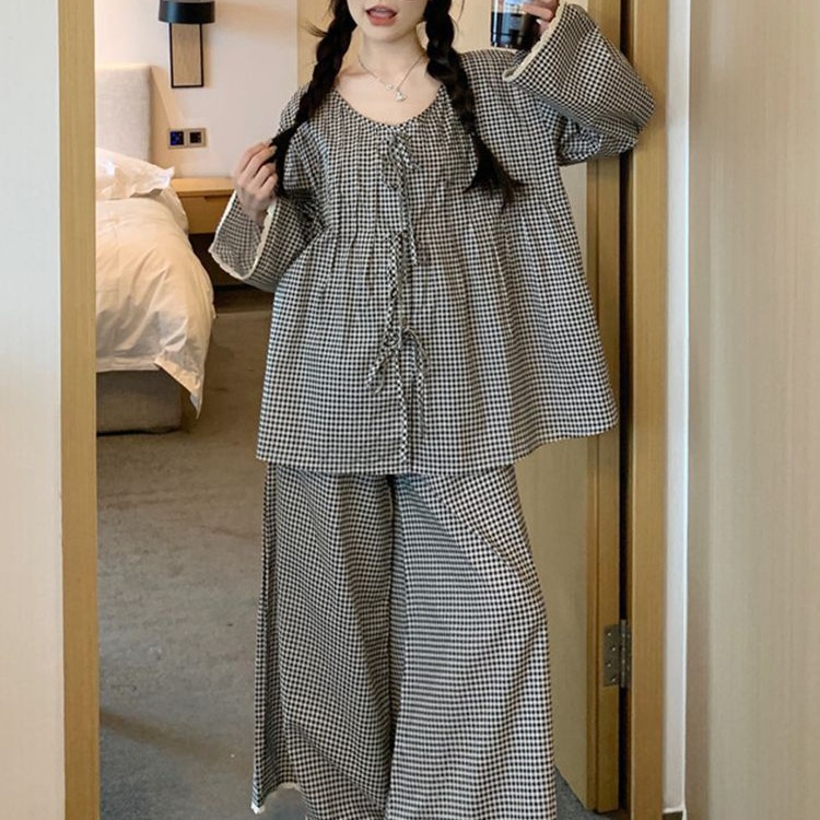 Spring and Autumn Thin Pajamas Women's Long-sleeved Trousers Loose Sweet Small Plaid Lazy Style Women's Home Clothes suit Women