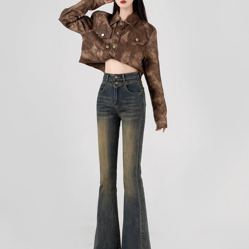 2025 Hong Kong Style Retro High-Waist Micro-Lazar Jeans Women's Autumn Trendy Small Slim-Fit Slimming Tassel Flared Pants