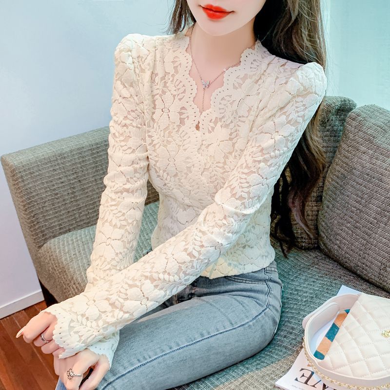 Picture of 2023 Autumn and Winter New Collar Wavy Edge Shirt Lace Shirt Women's Western Style Slim Fit Slimming fleece-lined Thickened Base Shirt