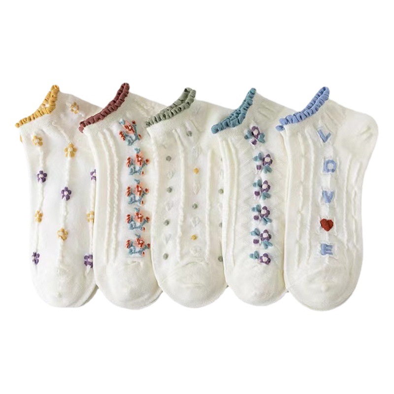 White Japanese Style Small Floral Socks for Children Students Sports ns Trendy Short Socks Lace All-match Internet Popular Trendy Socks Spring and Summer Thin