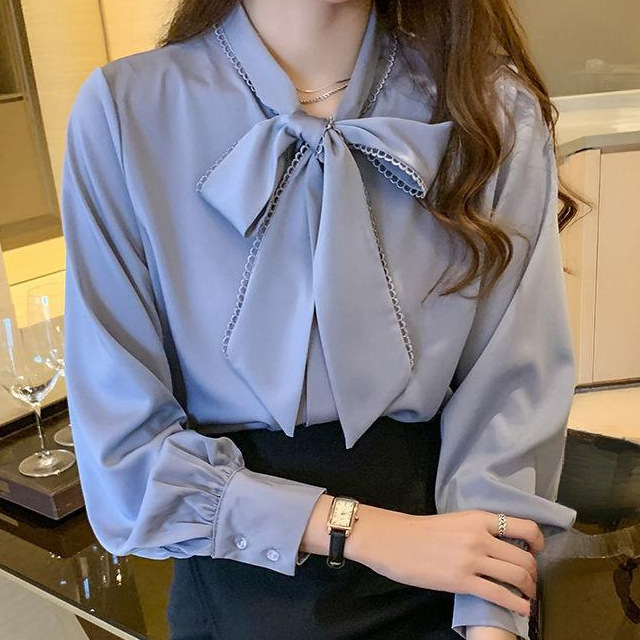 Shirts for Women 2024 Spring and Autumn New Korean Style Satin Chiffon Shirt Women's Bow Loose Long-Sleeved Stylish Shirt Top
