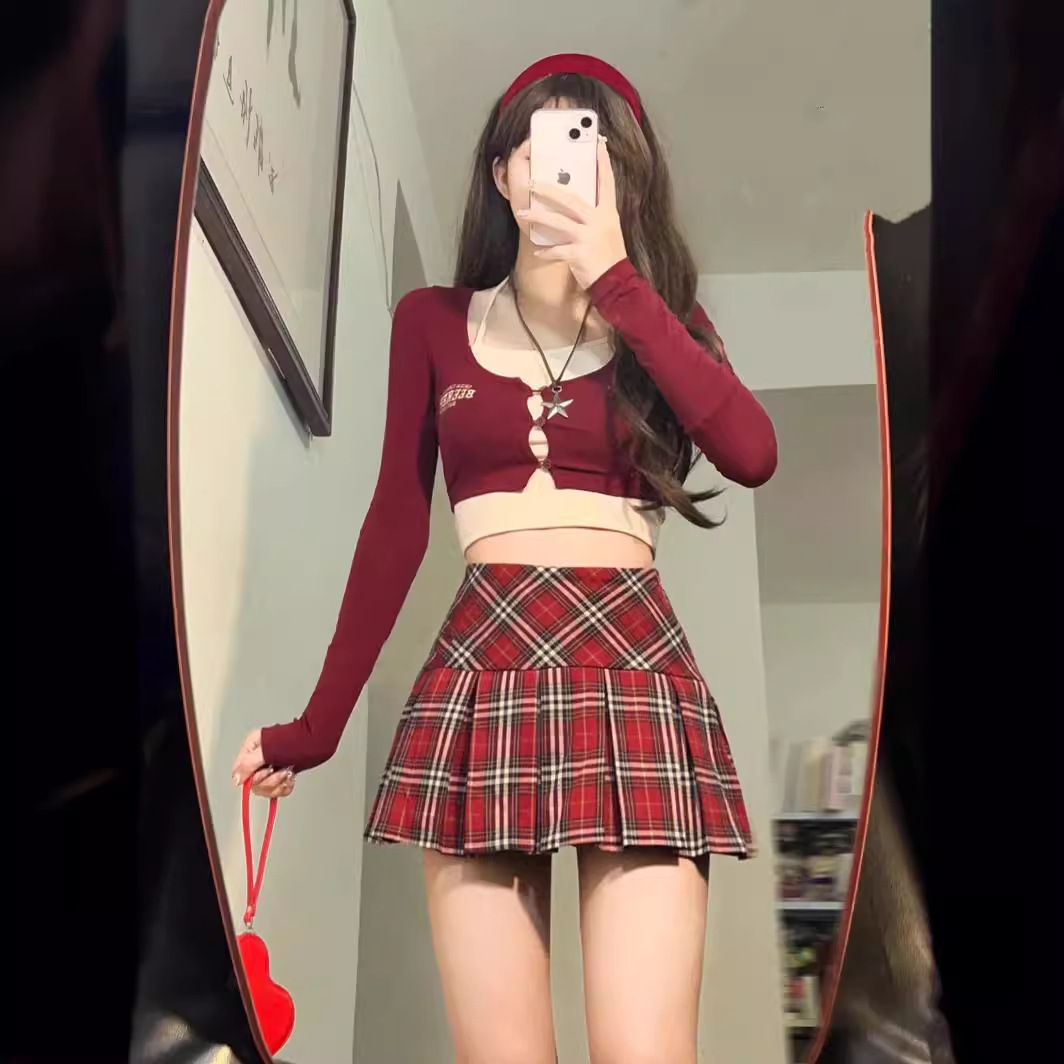 plus size red plaid pleated skirt women's autumn 2024 new high waist A- line skirt design hot girl skirt