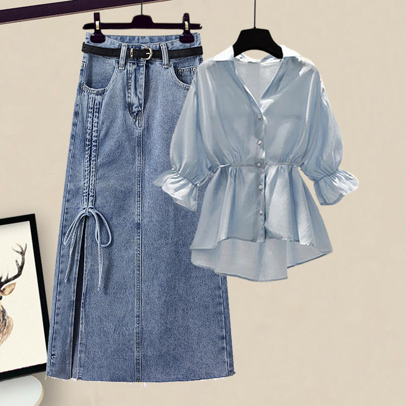 Summer Suit for Women 2024 New Large Size Women's Fashionable Waist Slimming Shirt Denim Skirt Two-Piece Trendy Set