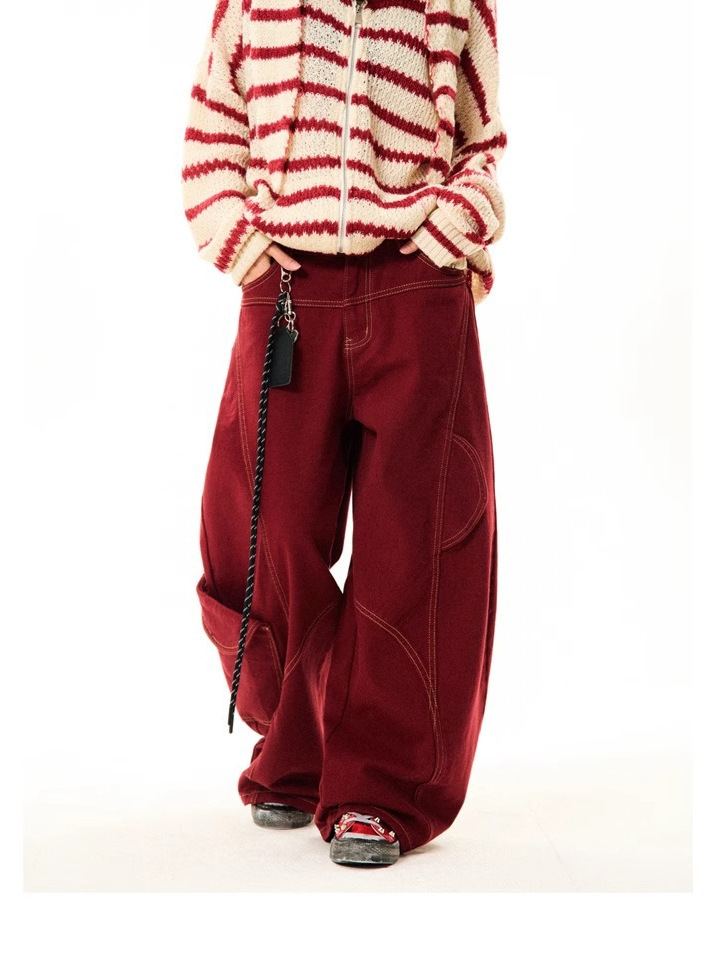 American Retro Niche Deconstructed Red Workwear Jeans for Women with High Street Vibe Design, Loose Wide-Leg Pants