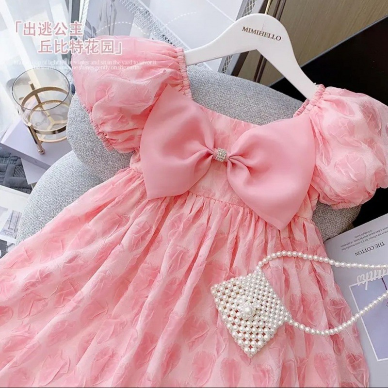 Cross-border new girls' dress Princess dress 2023 Summer new bow Western style puff sleeve pink dress