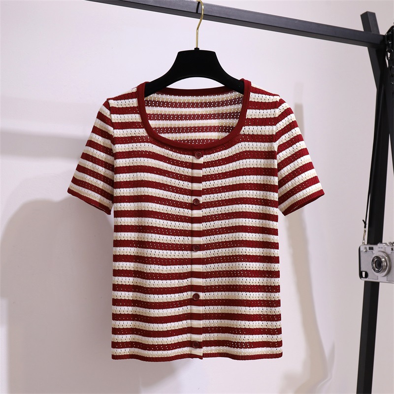 200 Jin Large Size Women's Summer New 2022 Short-sleeved T-shirt Wide Striped Clavicle Square Neck Slimming Fashion Slimming Fat mm