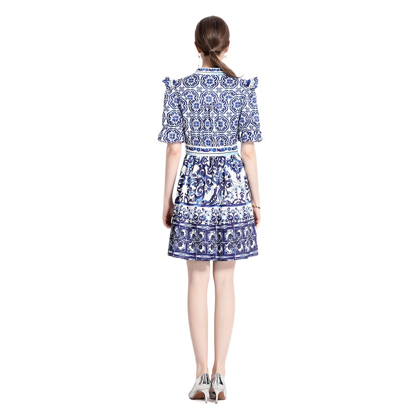 Summer Cross-Border Women's Clothing in Stock New Chinoiserie Retro V Neck Short-Sleeved Cardigan Multi-Button Blue and White Porcelain Print Dress