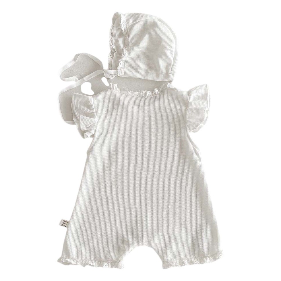 Ins Korean Style Summer Baby Girl Waffle Lace Jumpsuit with Flying Sleeves Thin Hooded Romper Newborn Clothes