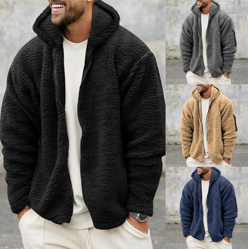 Cross-Border 2025 Autumn and Winter New Men's Double-Sided Polar Fleece Warm Hooded Zipper Jacket Outerwear Loungewear Sweatshirt