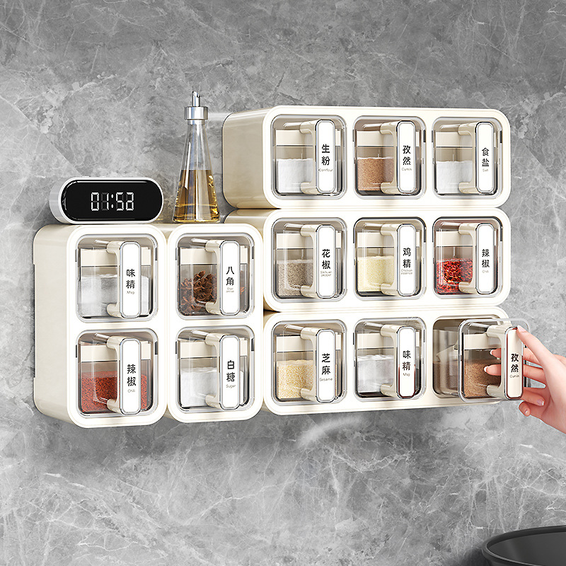 New multi-functional wall-mounted kitchen seasoning box horizontal and vertical dual-use transparent drawer with spoon sealed seasoning box in stock