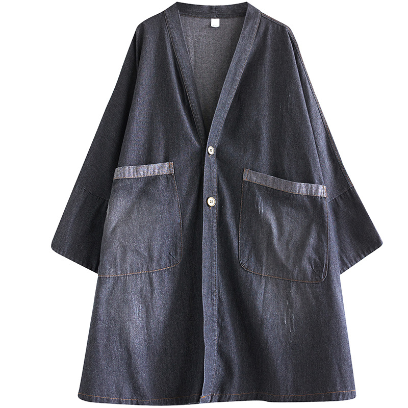 Picture of Vintage V-neck Large Pocket Denim Coat Women's 2024 Autumn New Loose Large Casual Art Mid-length Coat