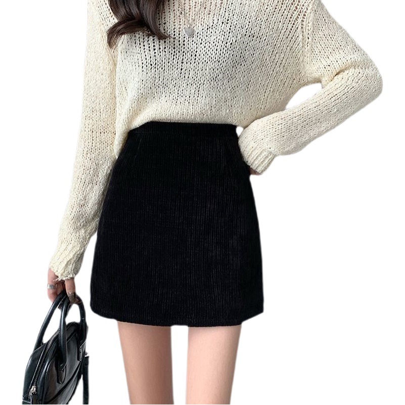 A- line skirt women's spring and autumn corduroy new Korean style black fat m high waist slimming versatile skirt sheath short skirt