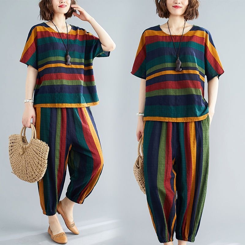 Foreign trade large size striped suit women's summer casual sportswear 200kg mother's fashion slim two-piece suit women