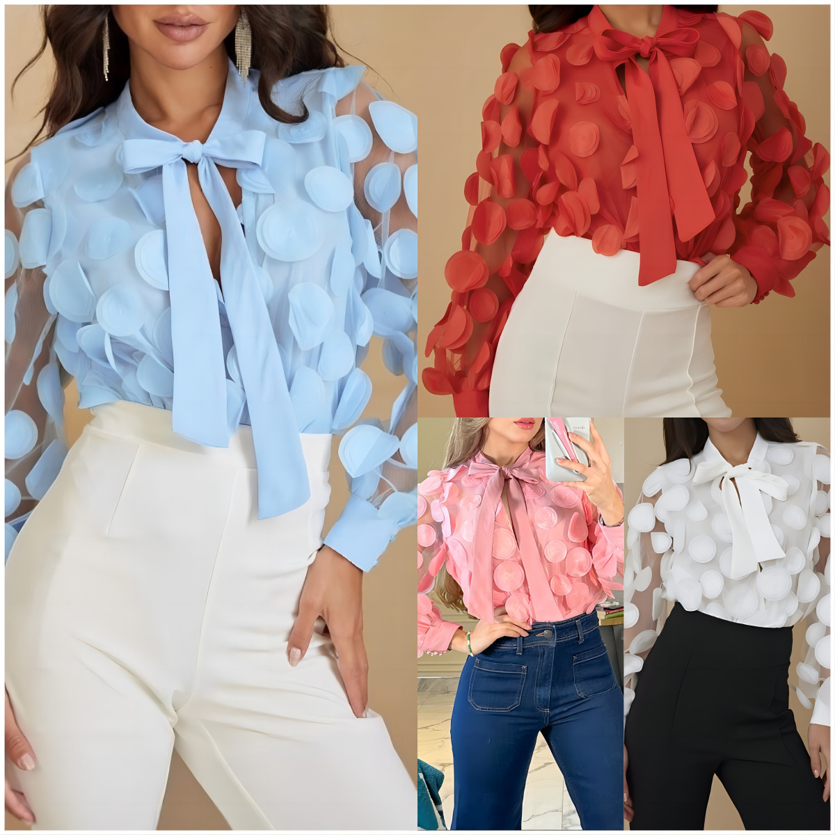 French Palace Style Three-Dimensional Flower Stage Wear Women's Chiffon Shirt Hollow Lantern Sleeves Fashionable Mesh Shirt for Women