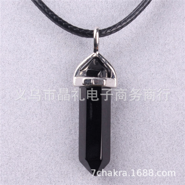 Picture of Natural Stone Hexagonal Pendant European and American Natural Crystal Hexagonal Prism Bullet Hexahedral Black Wax Rope Necklace