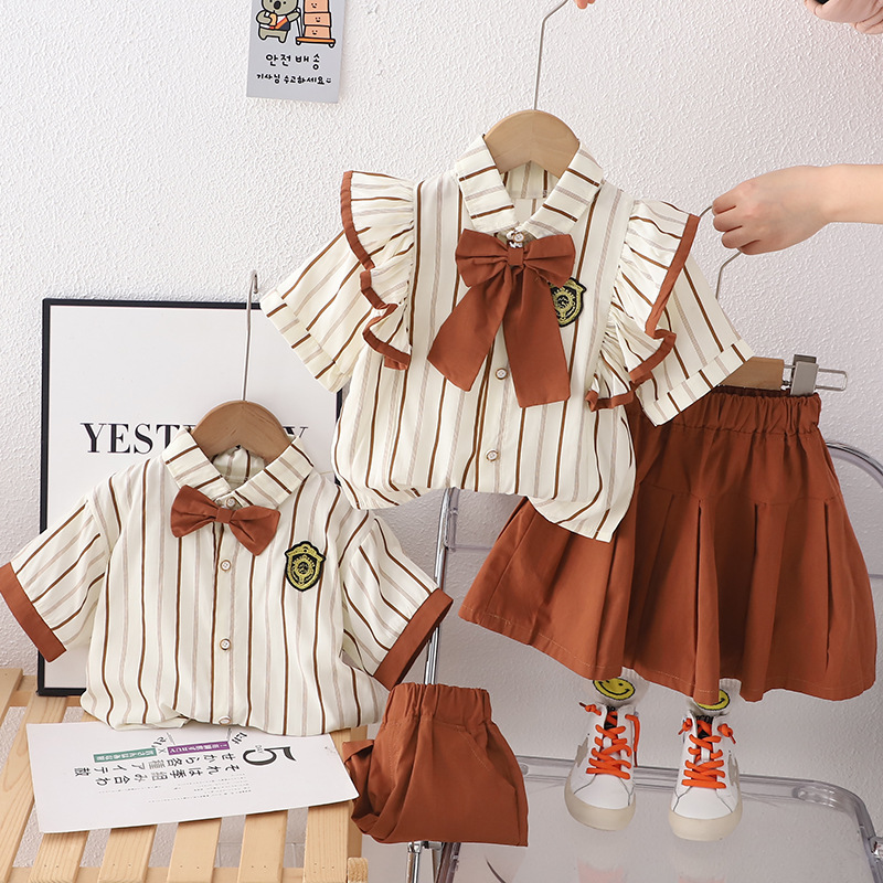 Summer summer new baby cute baby brother and sister vertical strip shirt suit tide foreign trade boys and girls short sleeve suit