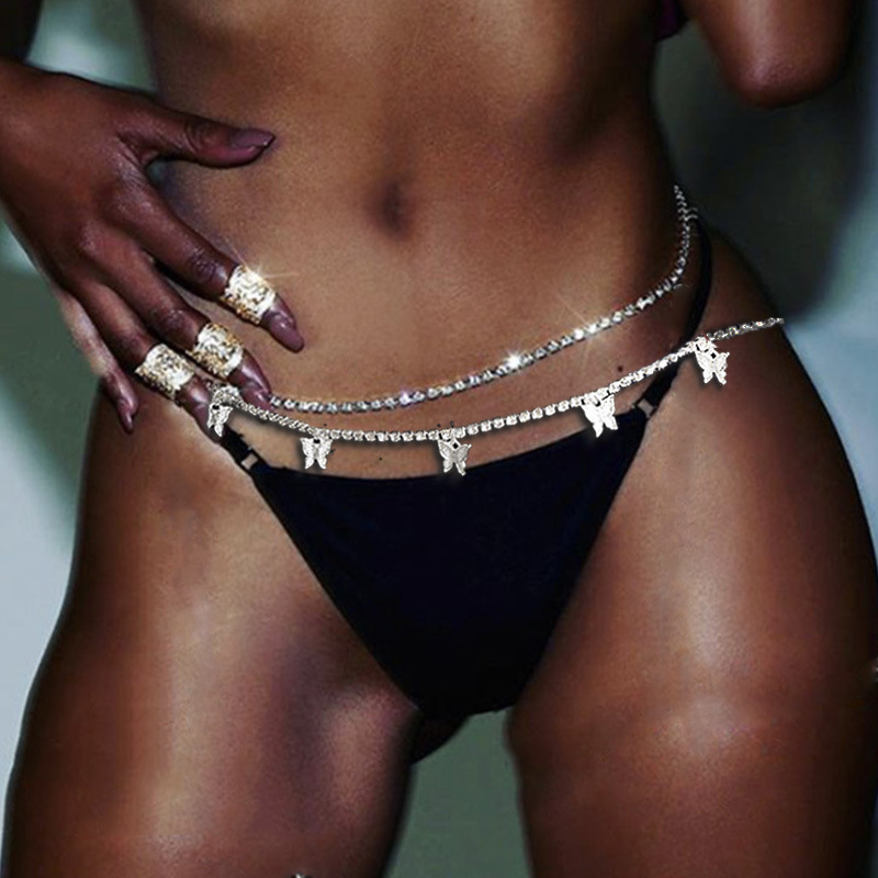 European and American Cross-border Rhinestone Sexy Body Chain Single and Double Layer Butterfly Waist Chain Navel Chain Bikini Waist Chain Accessories for Women