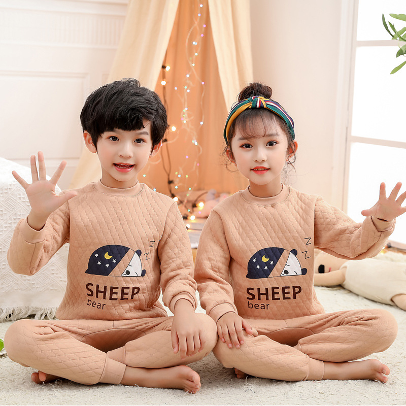 Picture of Winter new children's underwear quilted three-layer warm thickened suit half collar children's hollow cotton autumn clothes long pants