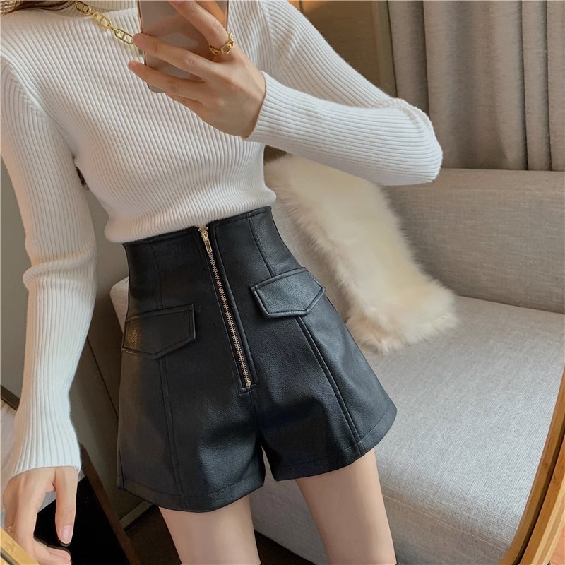 Hot girl leather pants bottoming leather casual pants high waist versatile autumn and winter boot pants wide leg slimming outer wear shorts women's loose
