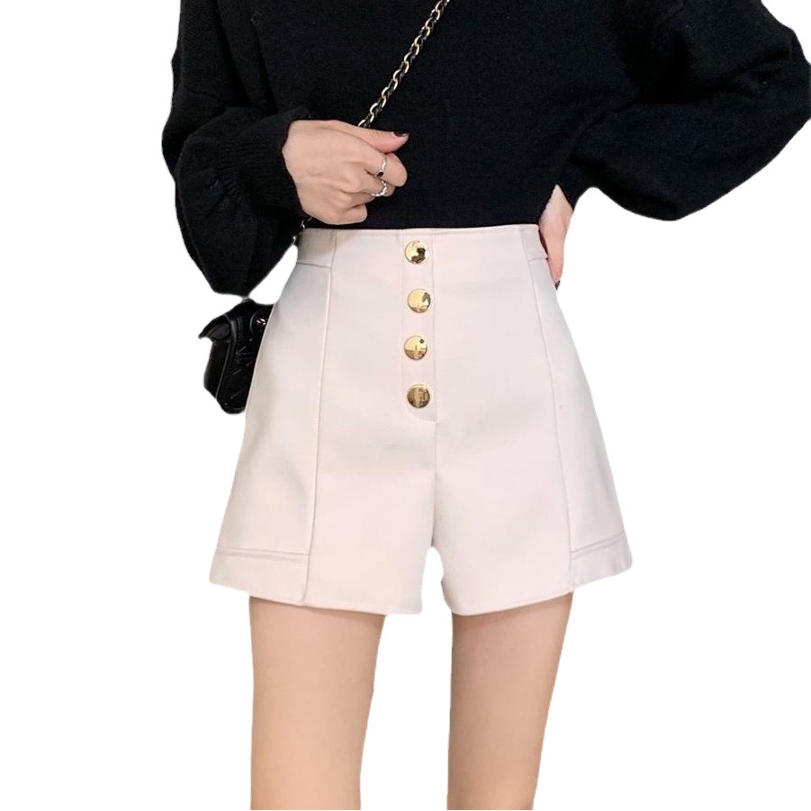 Breasted high waist black pure desire style girls' summer 2023 Korean style fashionable all-match outer wear wide leg A- line shorts